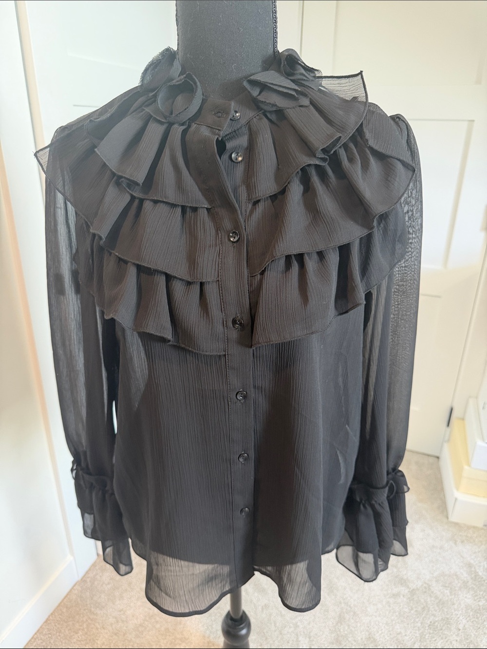 Zara Black Ruffled Tie-Neck Sheer Blouse
